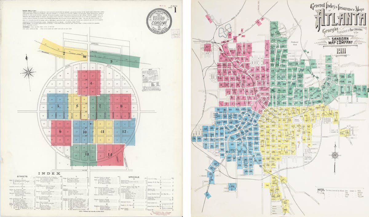 The left map features a circular design with blocks colored in red, blue, green, and yellow, accompanied by an index and key. The right map shows Atlanta, highlighting various areas with color codes, street names, and block numbers, detailing the city's layout and landmarks.