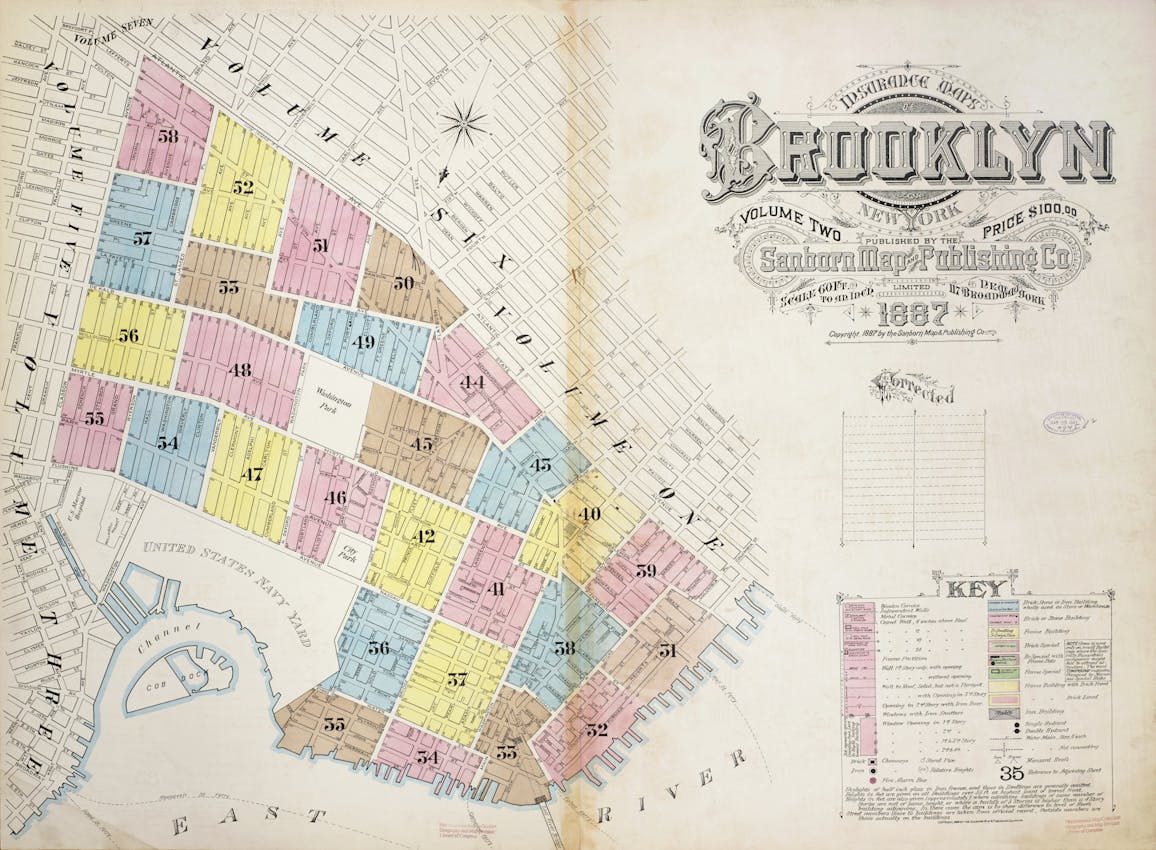 This detailed map of Brooklyn features color-coded sections with numbered blocks and street names. Key landmarks, such as the United States Navy Yard and Washington Park, are highlighted. The map includes a key explaining the color codes and symbols used to represent different types of buildings and areas.