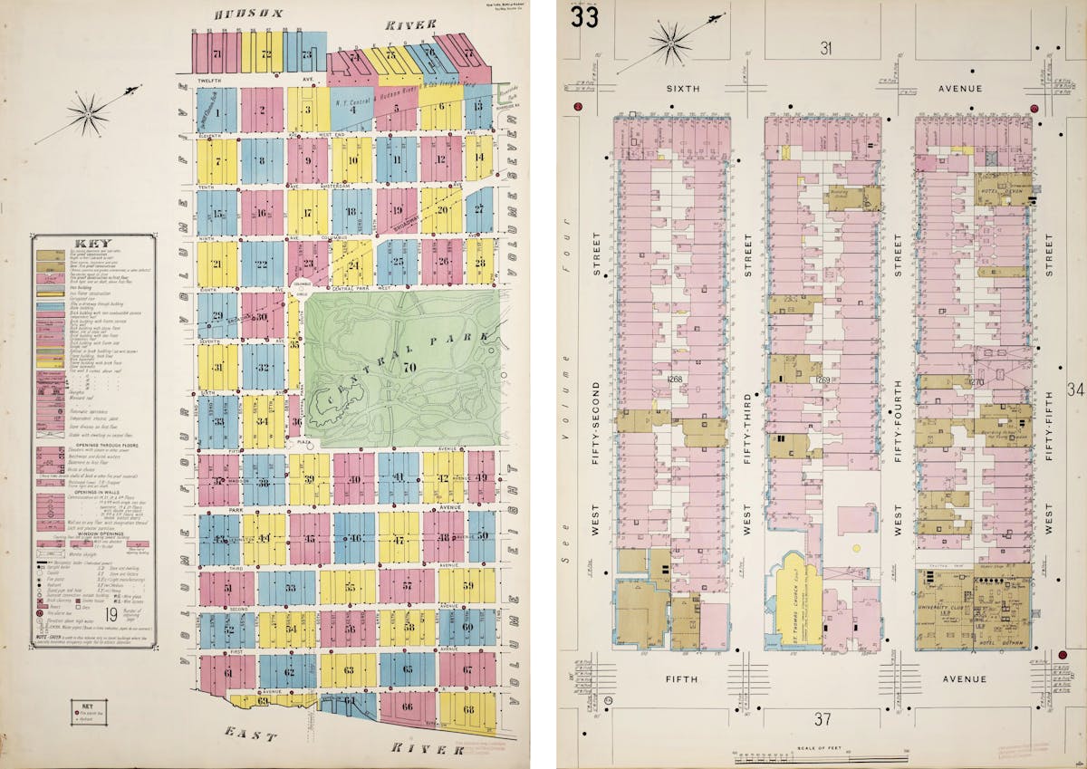 The left map features a grid of color-coded blocks near the Hudson River and Central Park, with a key explaining the colors and symbols. The right map shows a detailed layout of buildings along Sixth Avenue and Fifth Avenue, highlighting numbered blocks and streets, including Fifty-Second to Fifty-Fifth Streets.