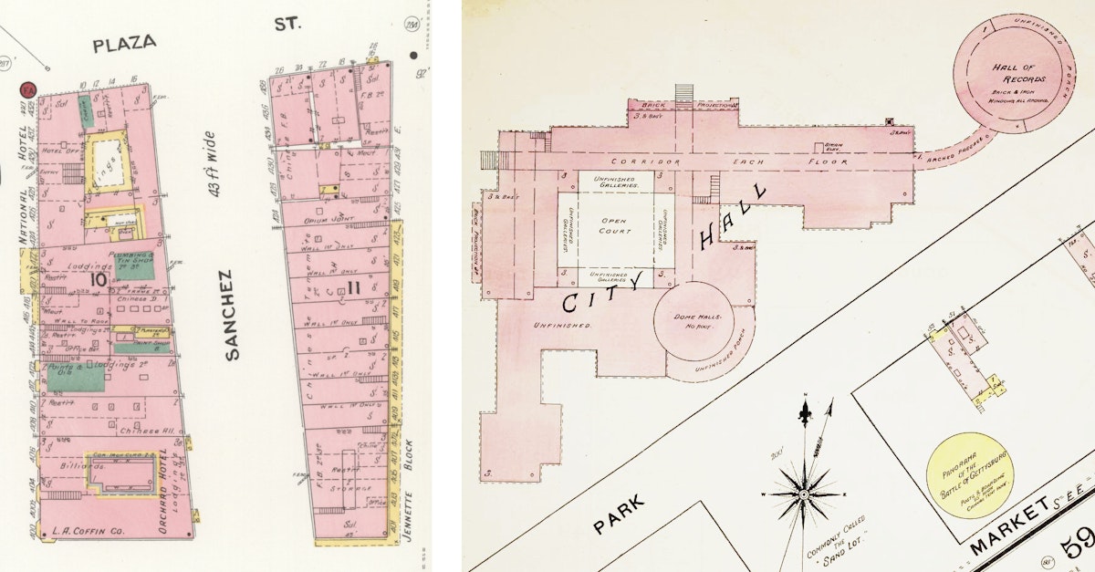 The left map highlights the layout of buildings along Sanchez Street, including hotels, restaurants, and other structures. The right map focuses on City Hall, showing its detailed layout with labeled areas such as the Hall of Records, unfinished sections, and surrounding streets and landmarks.