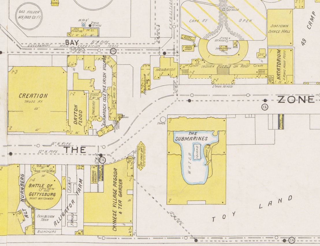 This map illustrates a section of an exhibition area with various attractions and buildings. Key locations include The Submarines, Creation building, Alligator Farm, and a Chinese Village and Tea Garden. The map includes labeled streets, structures, and annotations for different exhibits and features.