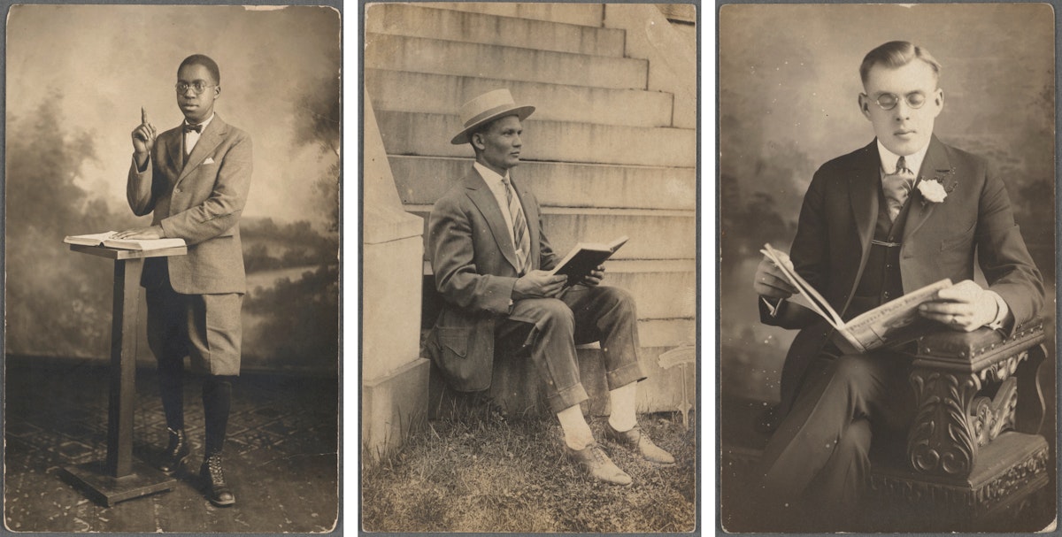 Three men in suits are posed with books: one standing and gesturing, one sitting on steps, and one seated indoors reading.