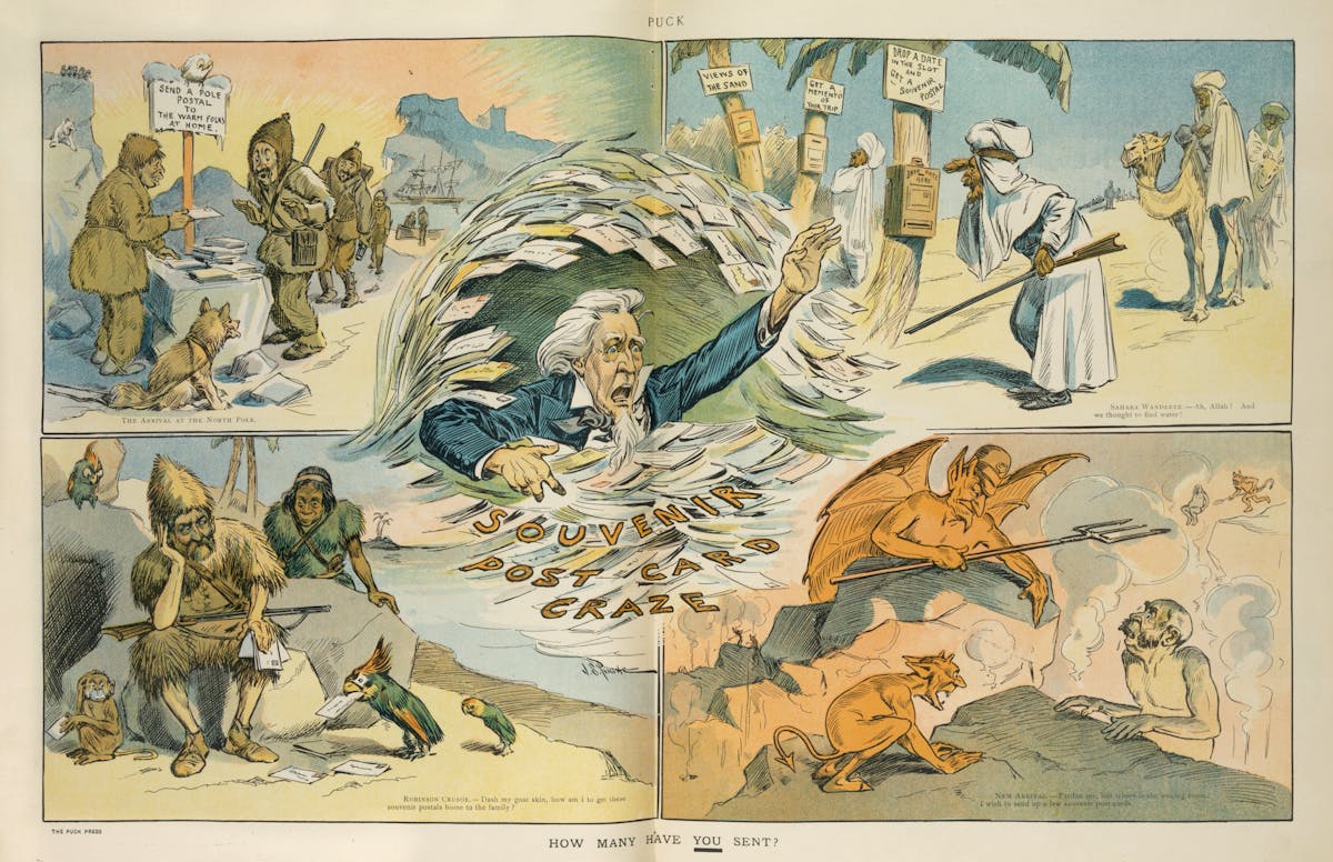 A cartoon illustration is titled Souvenir Post Card Craze depicts scenes of people and postcards. Uncle Sam is shown drowning in postcards at the center, with various scenarios around him such as explorers at the North Pole, travelers in the Sahara desert, and Robinson Crusoe on an island.