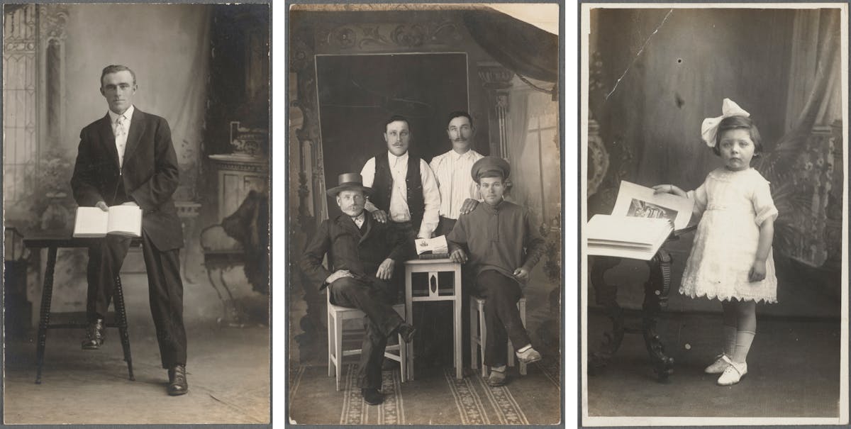 Three photo portraits: a man standing with an open book, a group of four men with a book, and a little girl in a white dress with a book.