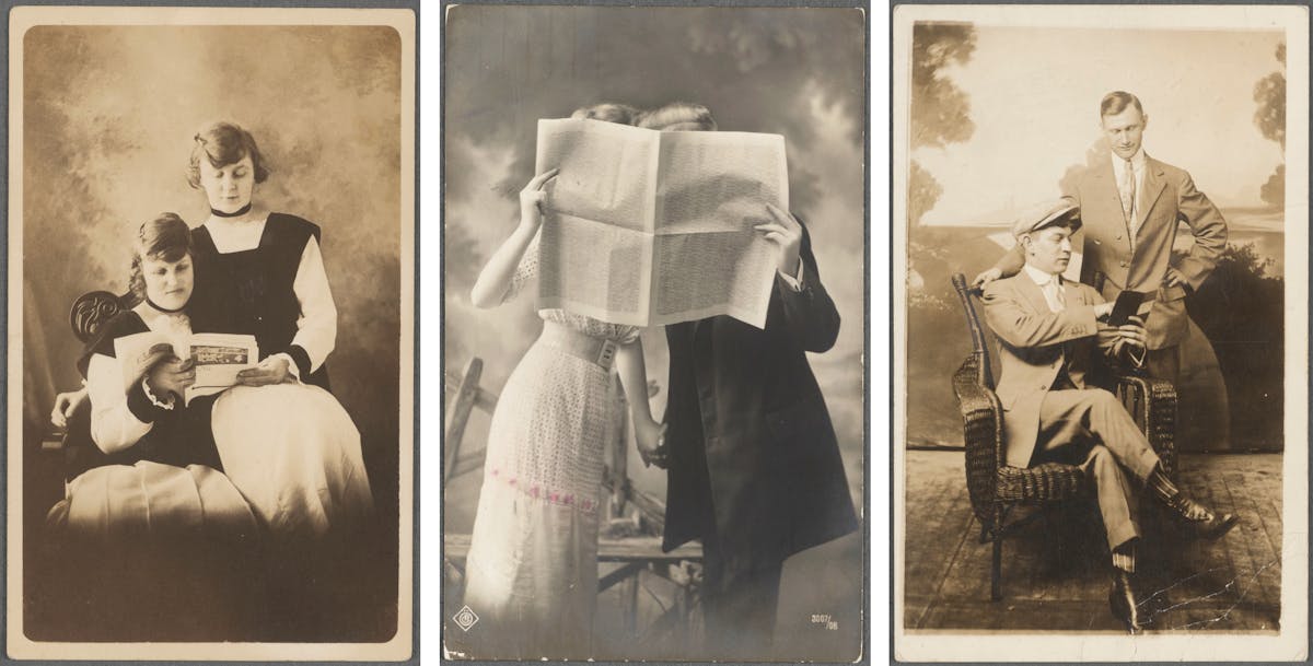 Three photo portraits: two women reading a book, a couple hiding behind a newspaper, and two men with a book.