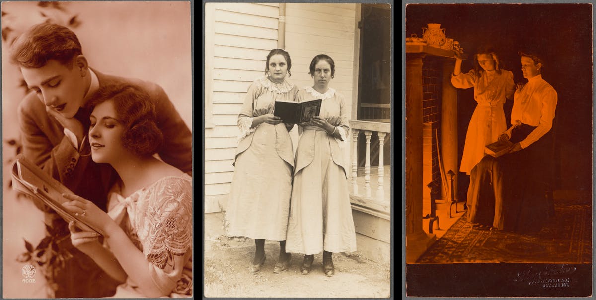 Three photo portraits: a couple reading together, two women holding a book outside, and a woman and girl by a fireplace with a book.