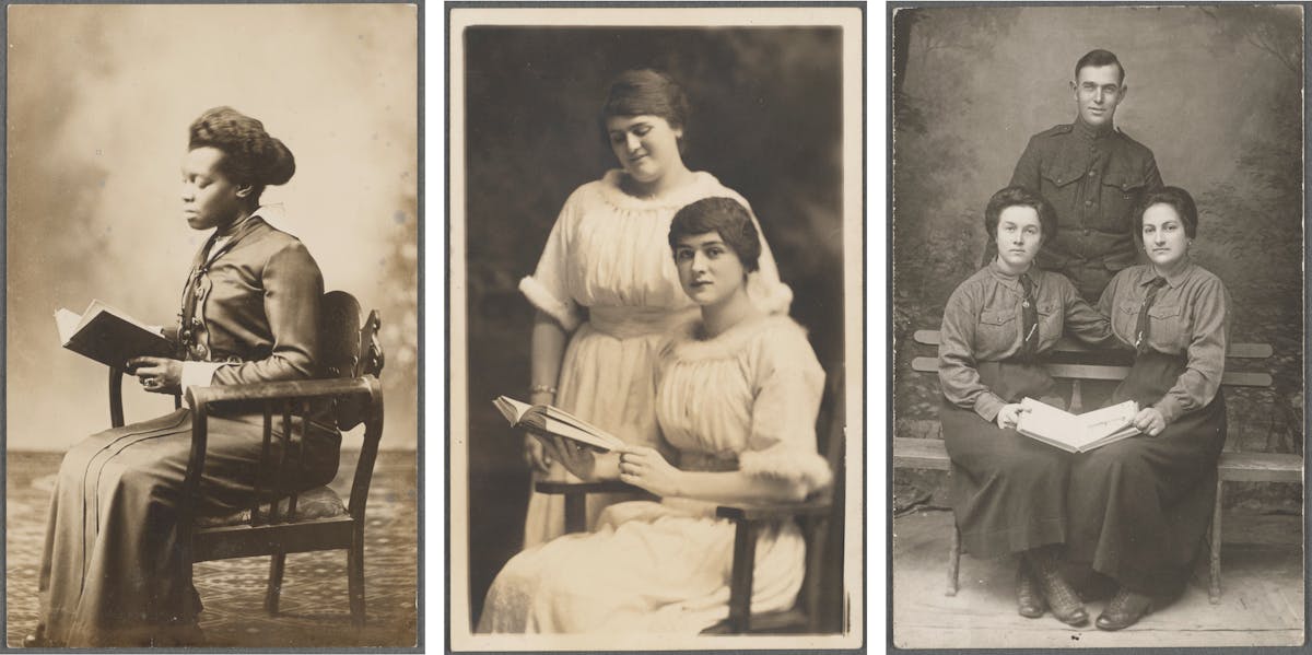 Three photo portraits: a woman reading a book, two women with a book, and a man and two women with a book.