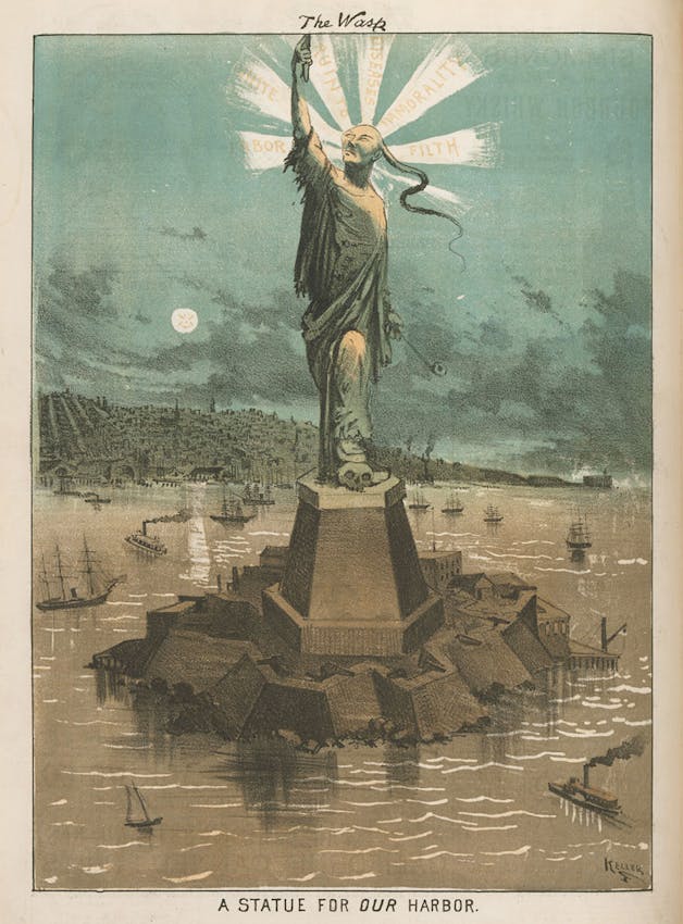 Political cartoon titled 'A Statue for Our Harbor' depicting a tall robed figure with outstretched arms standing on a pedestal in water, with light rays emanating from behind the figure's head and various ships scattered throughout the harbor scene