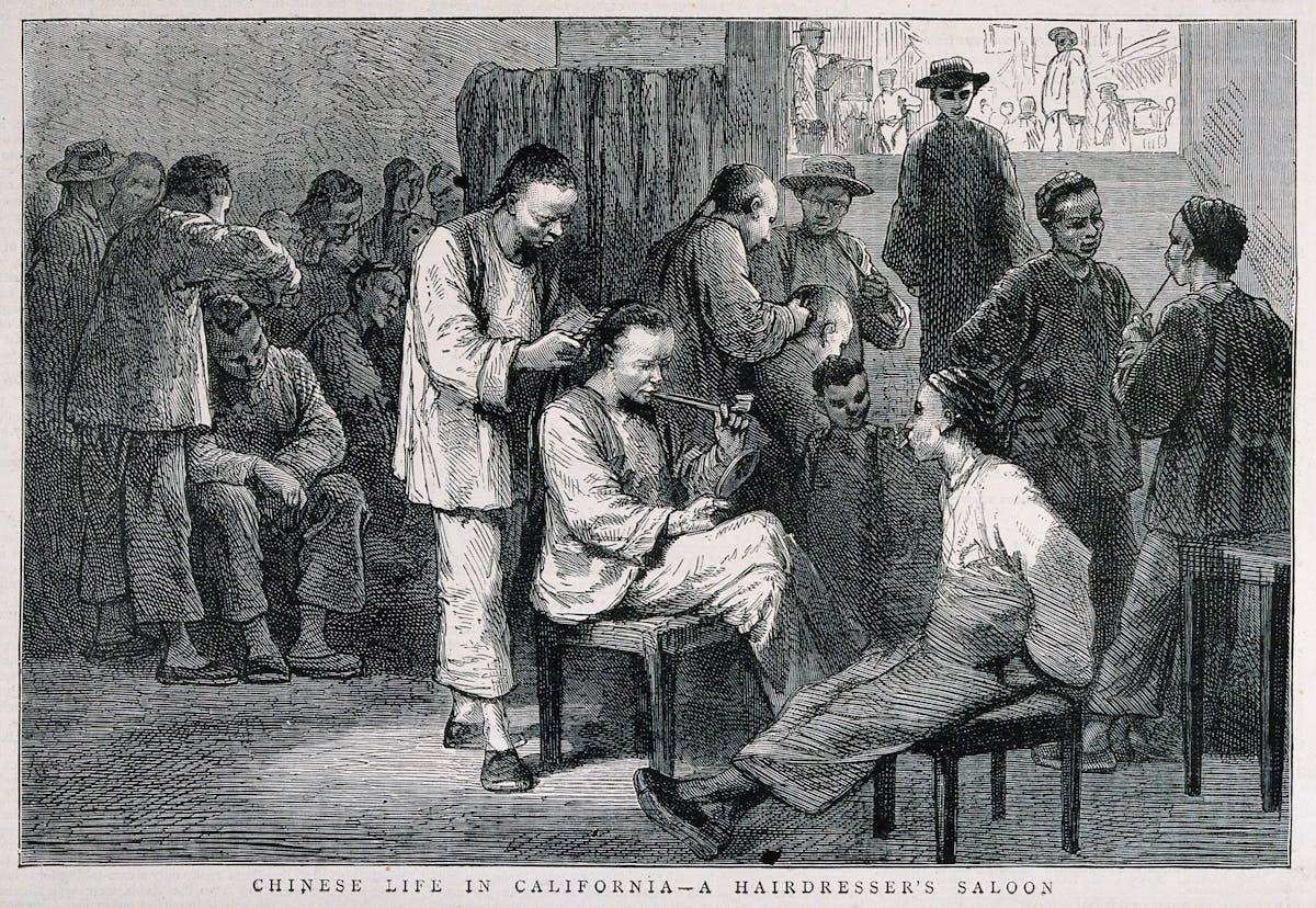 Engraving showing Chinese men in a barbershop with one man getting his hair cut while others wait and observe