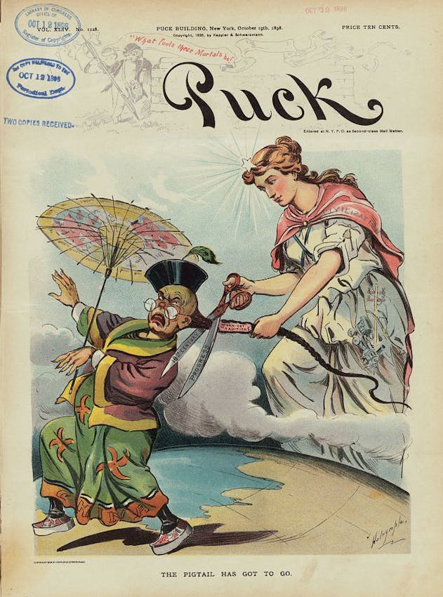 Political cartoon from Puck magazine showing a woman in flowing robes forcefully cutting the queue a man in Chinese dress with a parasol