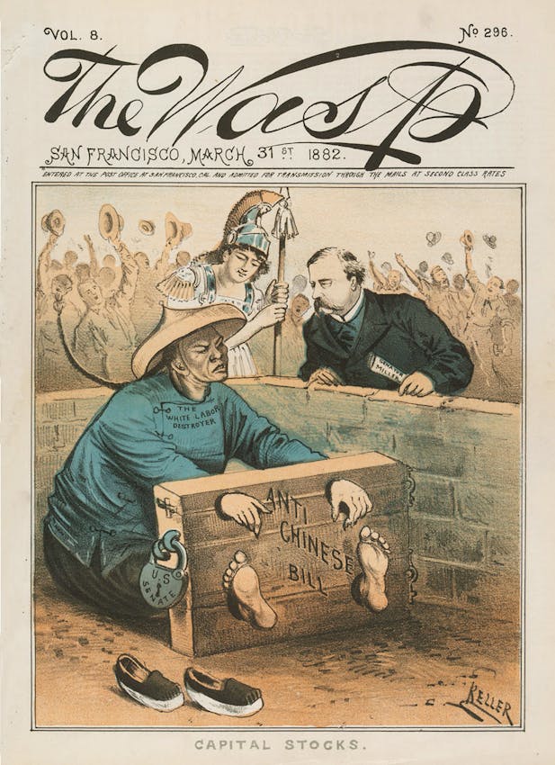 Political cartoon depicting a Chinese man wearing a hat and blue shirt locked in wooden stocks labeled 'Anti-Chinese Bill' with his bare feet protruding, while two men in formal attire observe and a crowd cheers in the background