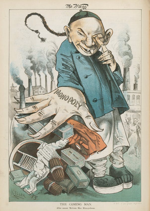 Political cartoon depicting a Chinese man wearing a blue jacket and small cap with a long braided queue, smoking a pipe while surrounded by scattered boxes, containers, and industrial smokestacks visible in the background