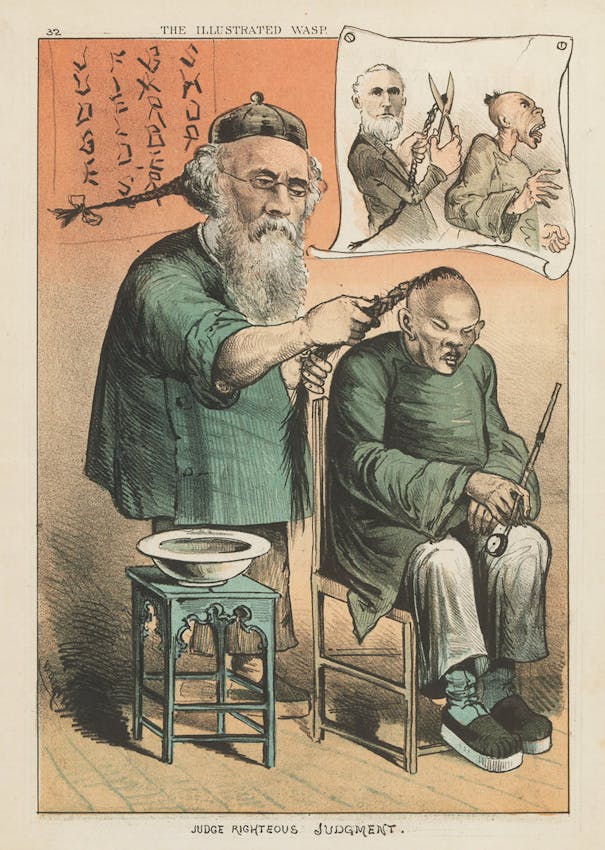 Political cartoon depicting a bearded white man with a braided queue and Chinese dress holding the braided queue of a seated Chinese man with an inset illustration of two more men, one cutting the queue of the other with large scissors