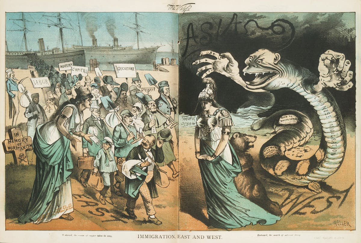Political cartoon depicting a split scene with crowds of people holding signs near ships on the left side, while the right side shows a woman in classical robes threatened by a large serpent-like creature with human heads emerging from its coils near the Pacific Ocean
