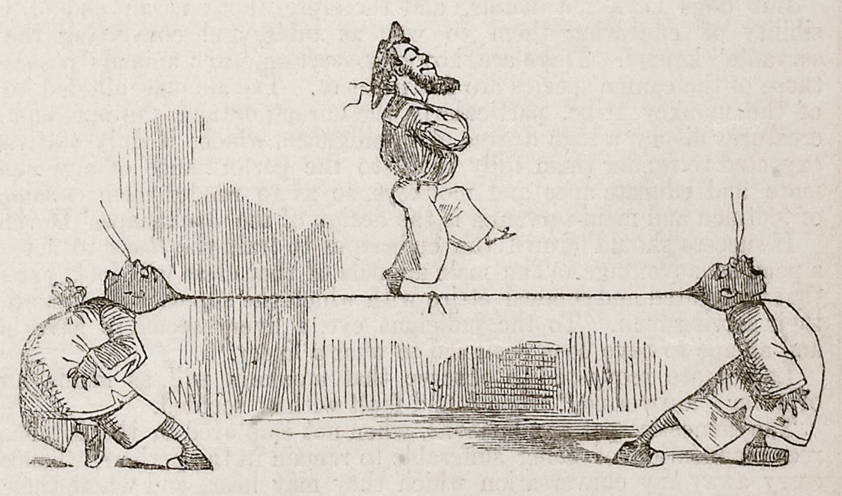 Black and white illustration showing a figure balancing on a tightrope made by queues tied between two men pulling in opposite directions below