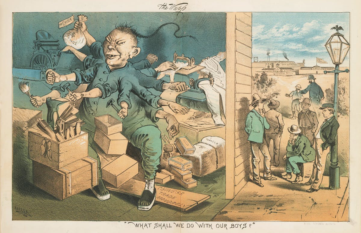 Political cartoon depicting a many-armed Chinese man in traditional clothing operating machinery and handling packages inside what appears to be a workshop or factory, while a group of men in Western dress stand outside watching a boy being taken away by a policeman