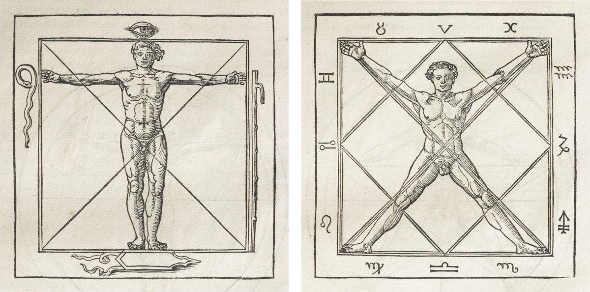 Two illustrations of nude men with limbs akimbo