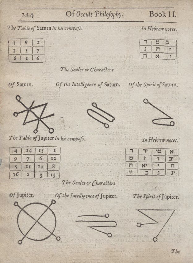 Page from Agrippa's book illustrated with seals and other magical arrangements