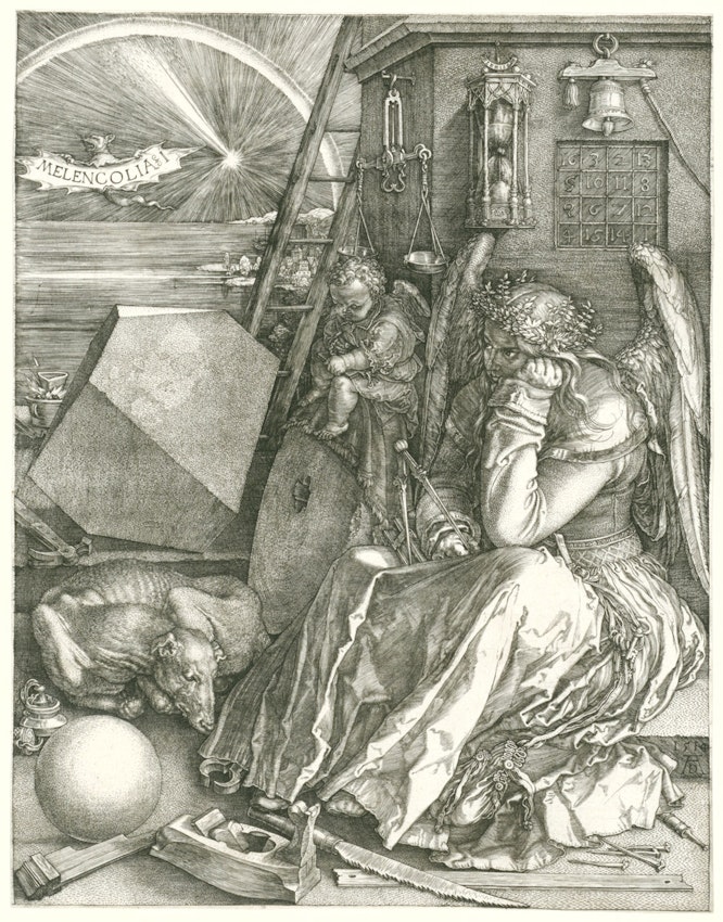 Engraving of a melancholic angel contemplating a geometric body
