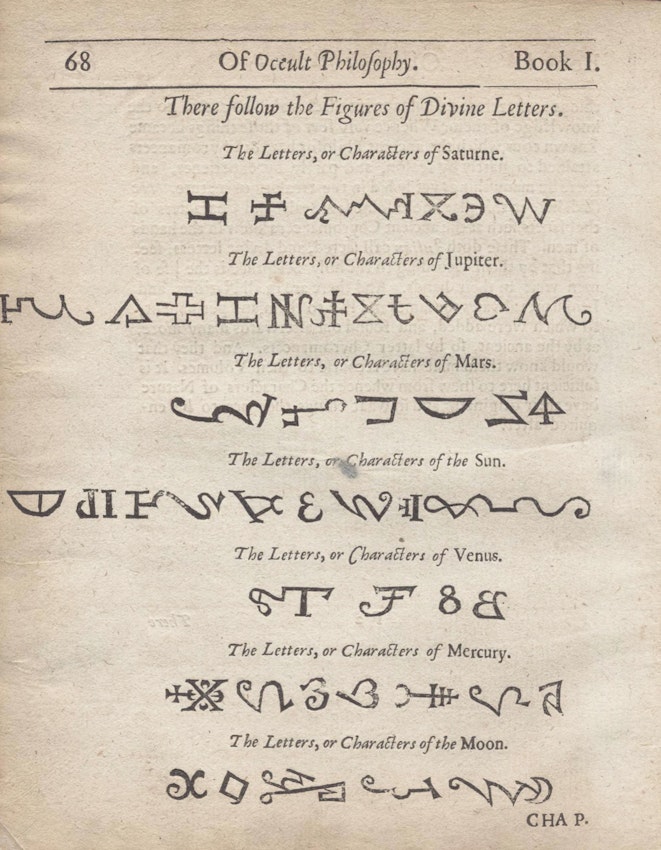 Page from Agrippa's book with illustrations of magical alphabets