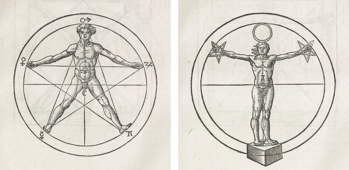Two illustrations of nude men with arms akimbo
