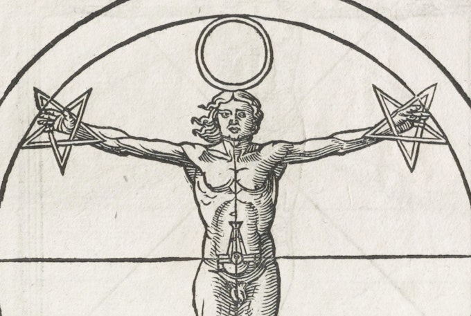 Black and white drawing of a human figure with arms extended, holding two pentagrams, with an alchemical symbol at the navel and a halo around the head, against an arched backdrop