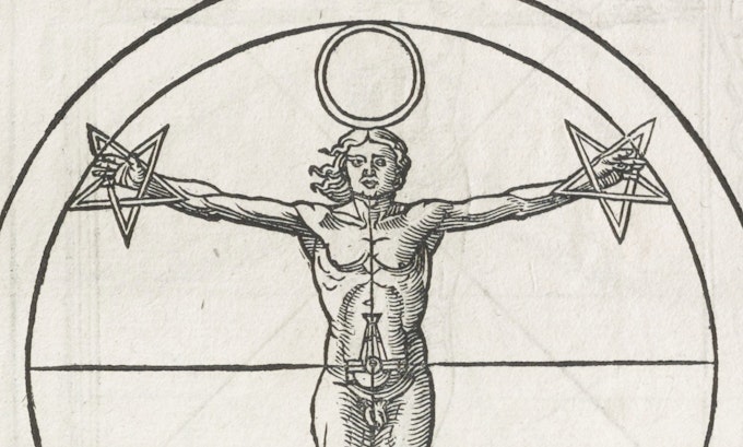 Black and white drawing of a human figure with arms extended, holding two pentagrams, with an alchemical symbol at the navel and a halo around the head, against an arched backdrop