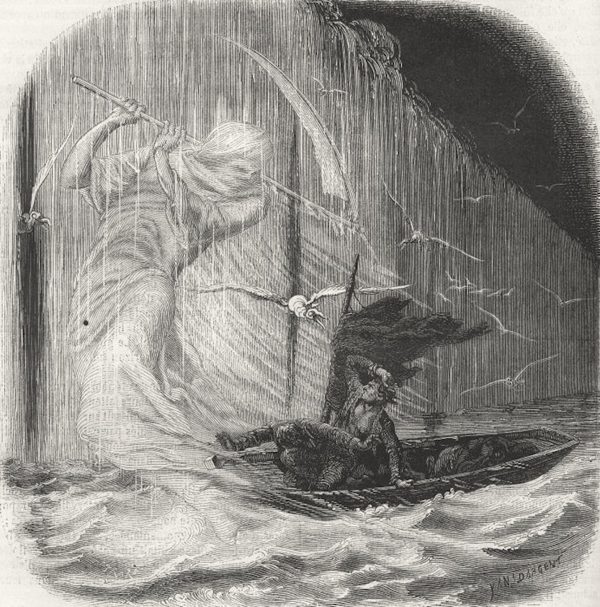 A frightened man in a boat in stormy seas protects himself from a sea bird and a shrouded figure