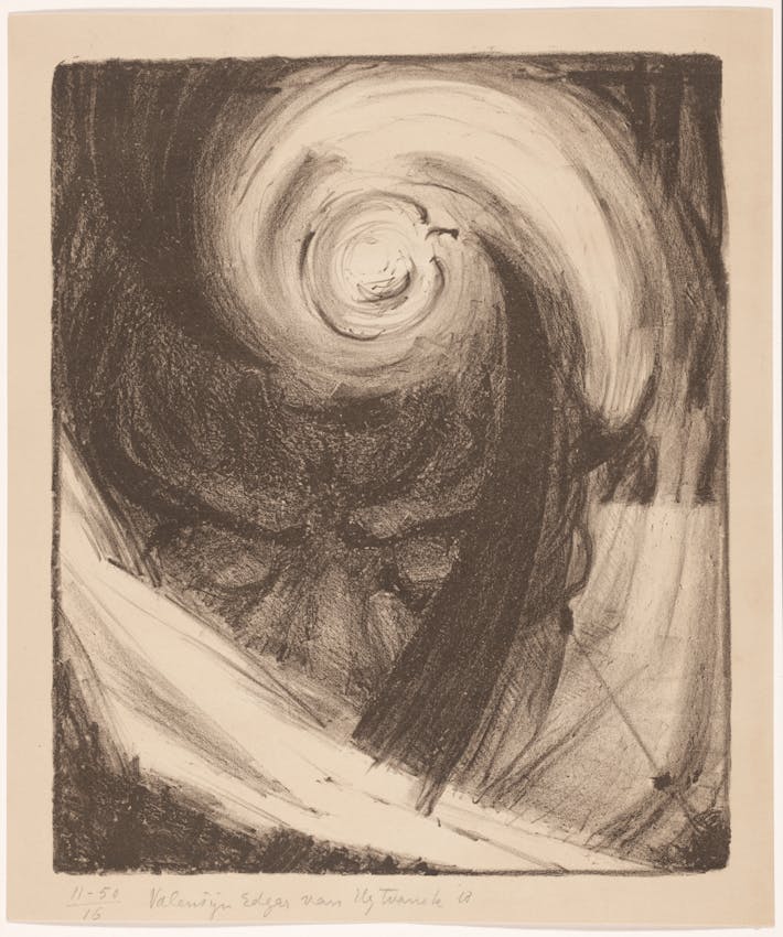 Charcoal strokes of various weights create a swirling composition