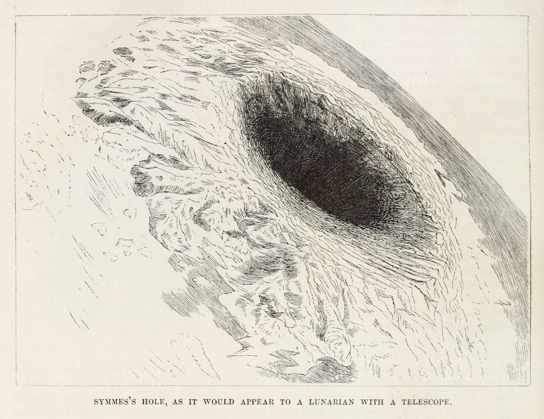 An engraving of a large hole disappearing into a convex surface