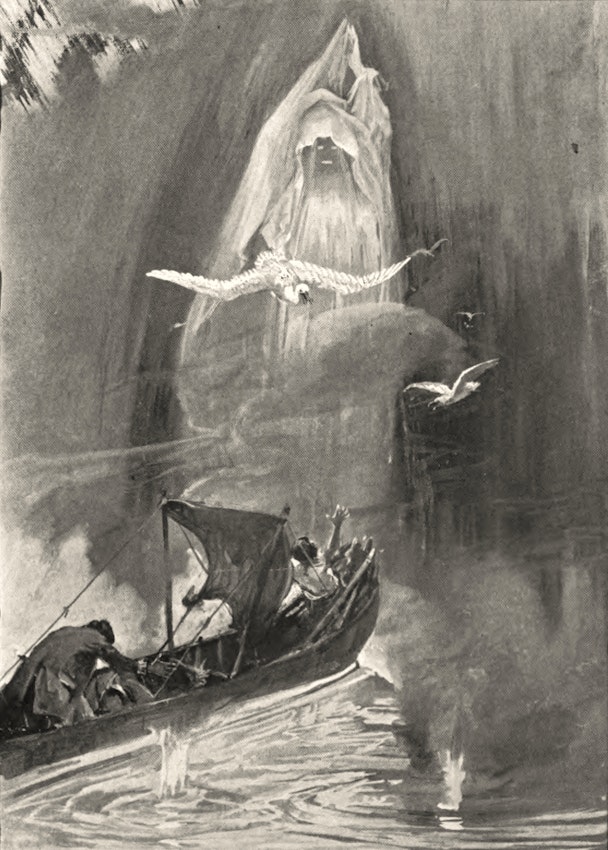 A large shrouded figure rises in the path of a small boat