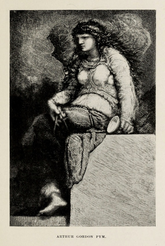 A brooding seated figure holds instruments
