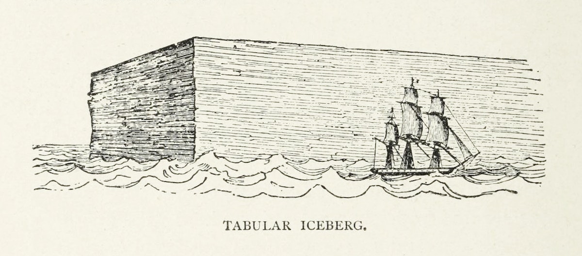 An engraving of a large rectangular prism of ice with a three-masted ship in the foreground for scale