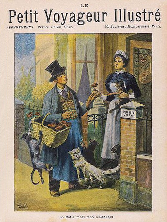 A vendor wearing a blue coat and top hat displays meat from his basket to a maid in a white apron and cap, while multiple cats eagerly gather around his feet and the doorstep.