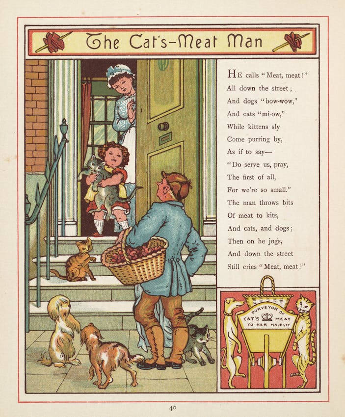 A meat vendor with a basket stands on steps before a door where a child holds a cat and a maid peeks out, while dogs and cats gather around hoping for meat.