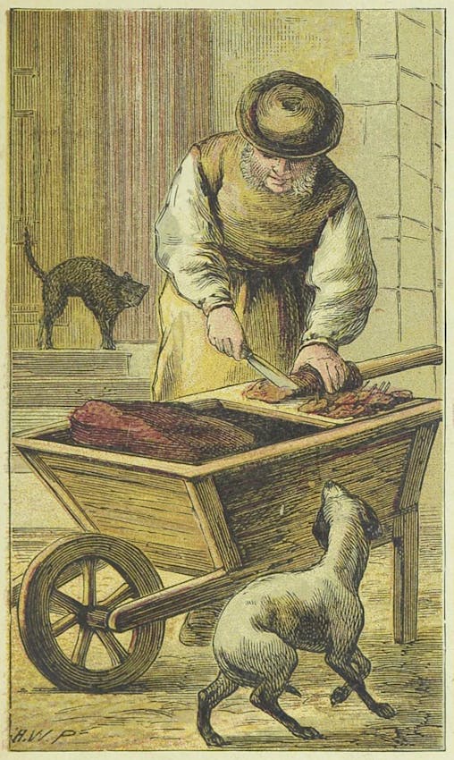 A vendor in a round hat and apron cuts meat from his wooden cart while a cat waits expectantly below and another cat stands on steps in the background.