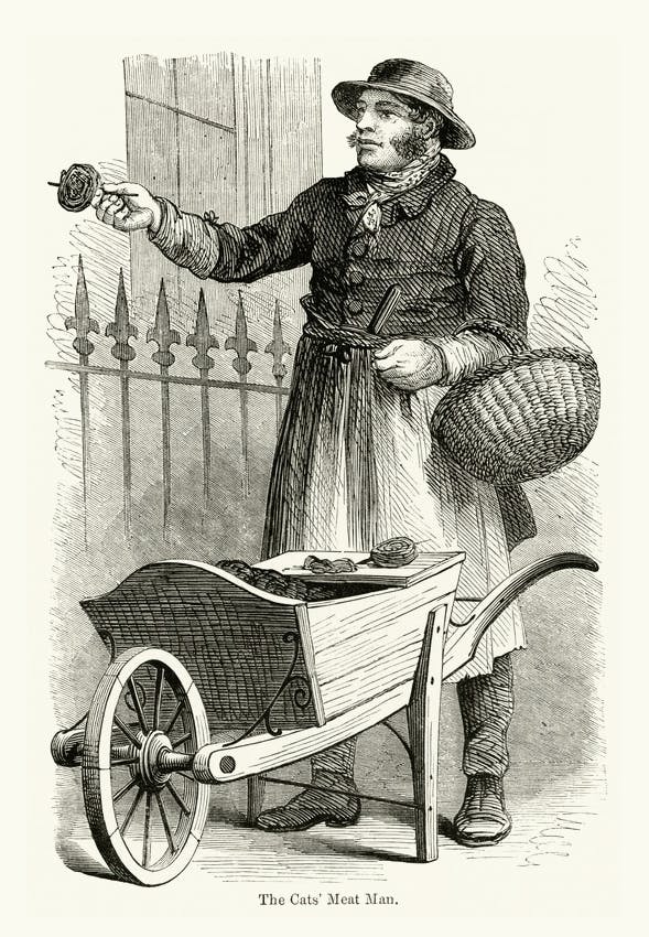 A meat vendor in an apron and wide-brimmed hat holds out meat from his basket while standing beside his wooden cart near a spiked iron fence.