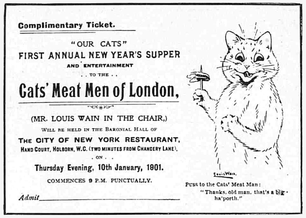 A ticket for a New Year's supper event honoring London's cats' meat vendors, featuring a cartoon cat holding a piece of meat and thanking the meat man.