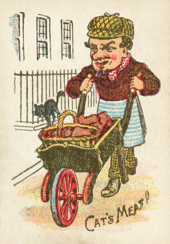 A street vendor in a cap and striped apron pushes a cart labeled 'Cat's Meat' while a black cat stands near a fence in the background.