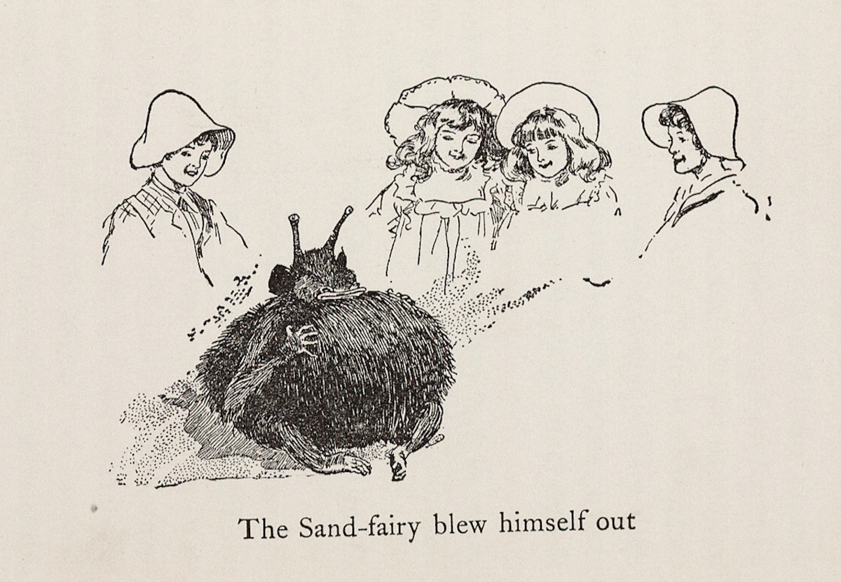Line drawing of four girls wearing bonnets looking at a small furry creature, the Sand-Fairy