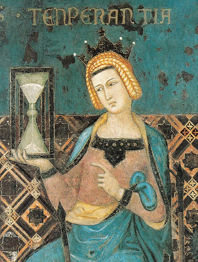 Cropped detail from fresco of human figure Temperance looking at an hourglass she holds in her hand