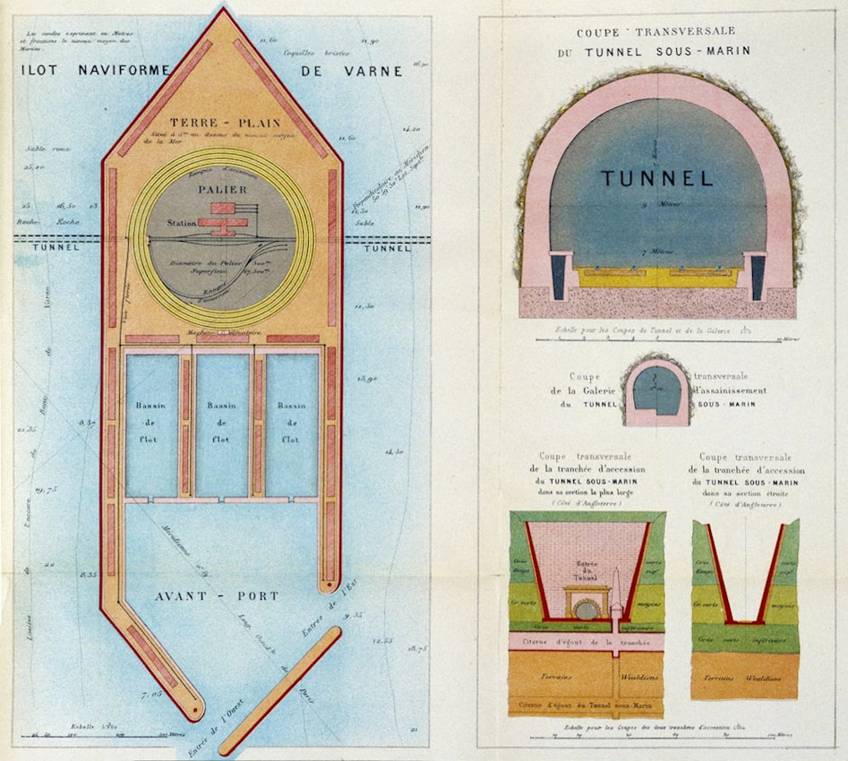 Diagram showing plans for a maritime structure and a cross-sectional view of an underwater tunnel, with annotations and color-coded sections indicating different materials and areas