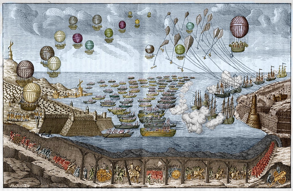 Colored engraving depicting an imaginative scene of an aerial and naval battle with numerous hot air balloons in the sky and ships in the sea, with troops and artillery in the underground chambers below