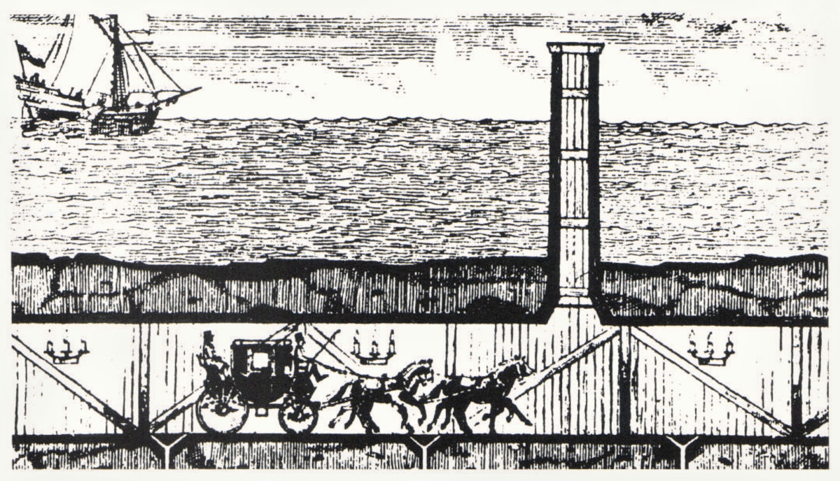Black and white illustration of a cross-section of an early concept for the Channel Tunnel, showing a horse-drawn carriage in a tunnel beneath the sea with a ship sailing above