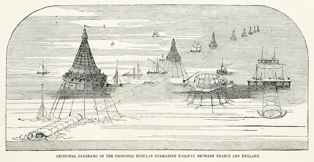 Illustration of a conceptual design for a tubular submarine railway connecting France and England, showing elaborate underwater structures and ships on the surface