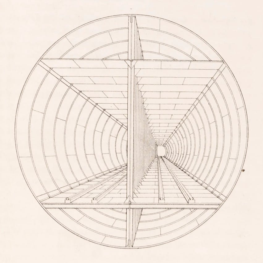 A technical drawing of the interior of a cylindrical tunnel structure with a series of concentric circles and radial lines creating a perspective view towards the vanishing point in the center