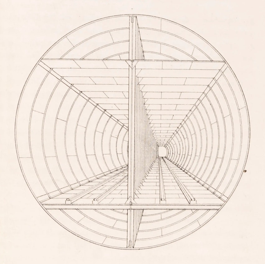 A technical drawing of the interior of a cylindrical tunnel structure with a series of concentric circles and radial lines creating a perspective view towards the vanishing point in the center