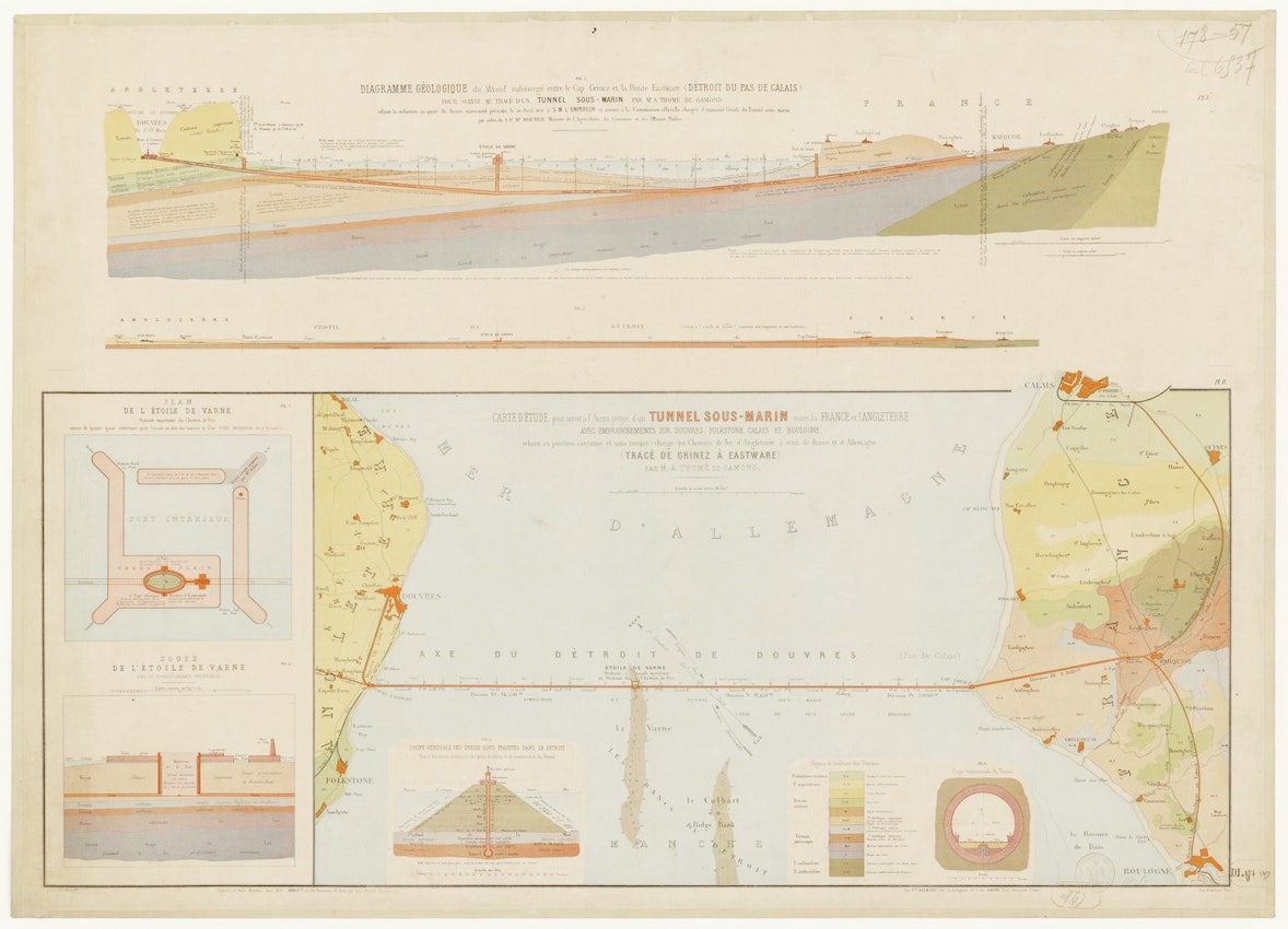 Diagram and map detailing a proposal for an undersea tunnel connecting France and England, featuring geological cross-sections, tunnel design, and a map with marked coastal regions of France, England, and adjacent countries