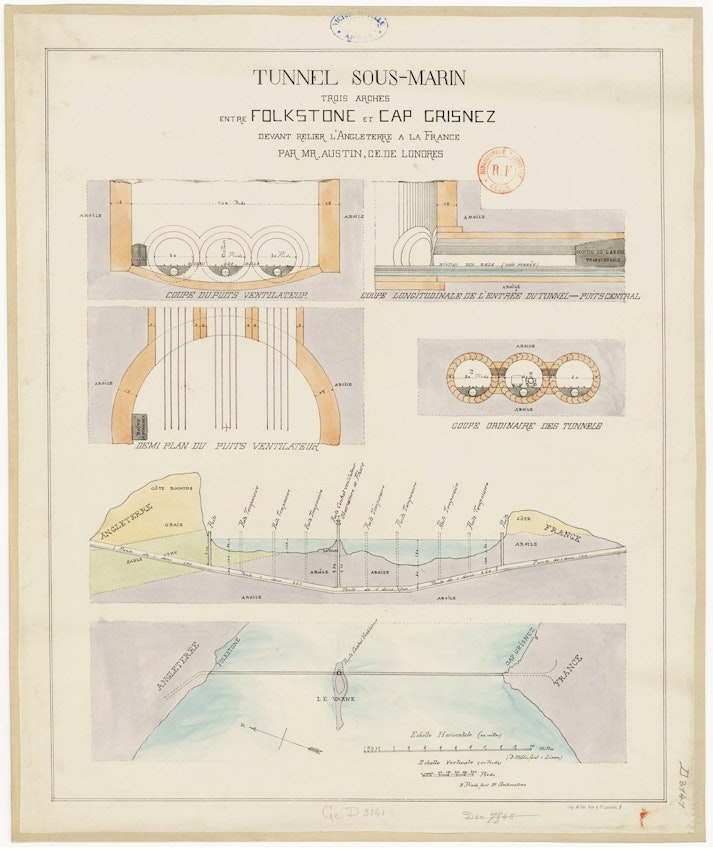Technical drawings and cross-sections for a proposed underwater tunnel with three arches between Folkestone and Cap Grisnez, including detailed plans for ventilation shafts and tunnel profiles, with handwritten notes and a dated stamp from 1856.