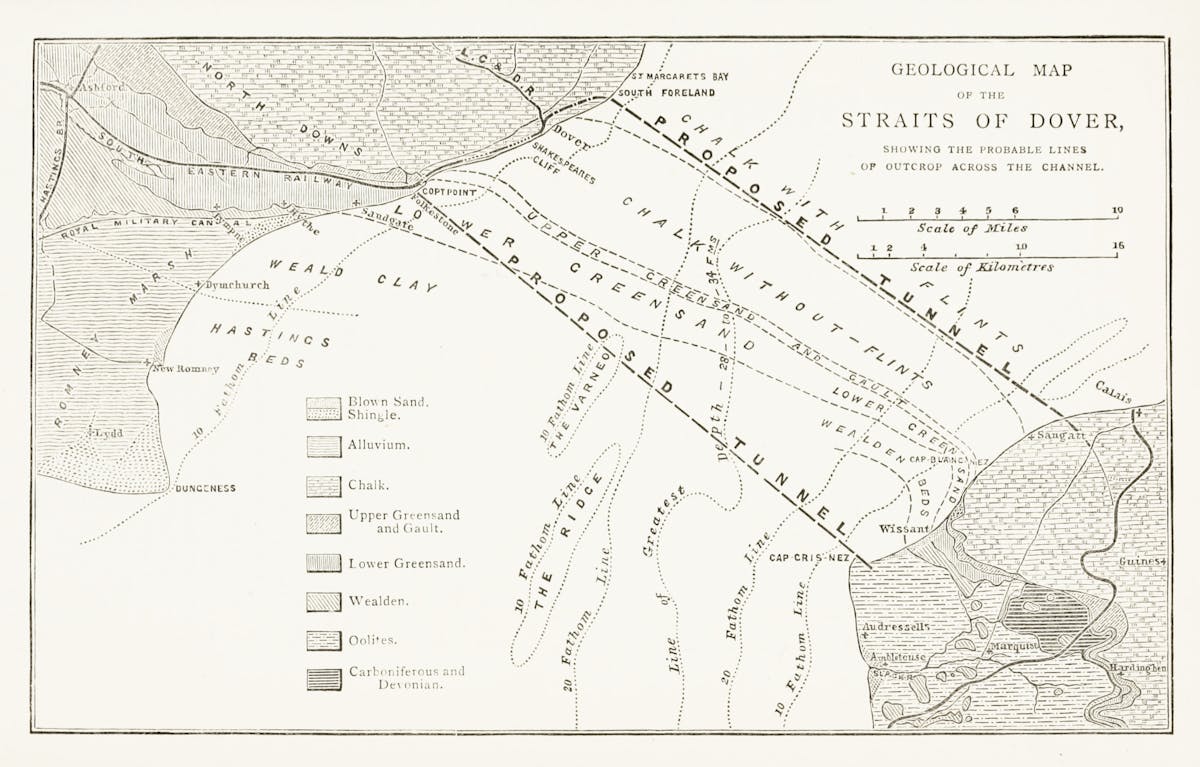 Black and white geological map of the Straits of Dover, with labeled rock layers such as Chalk and Wealden, including a scale of miles and kilometers